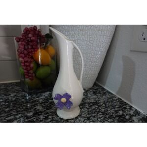 Vintage‎ PF Pottery Pitcher Cream White with Purple Flower Accent Decor Vase